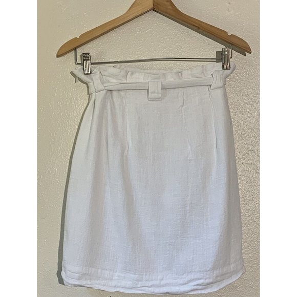 H&M Skirt 4 White Paperbag Linen Belted Tie Front Side Pockets Lined Button - Picture 8 of 12